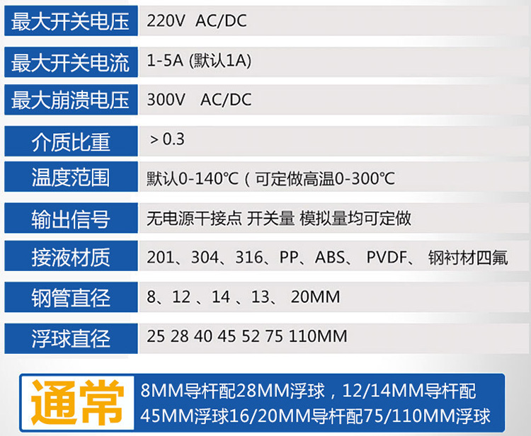 投入式浮球液位計技術參數(shù)對照表